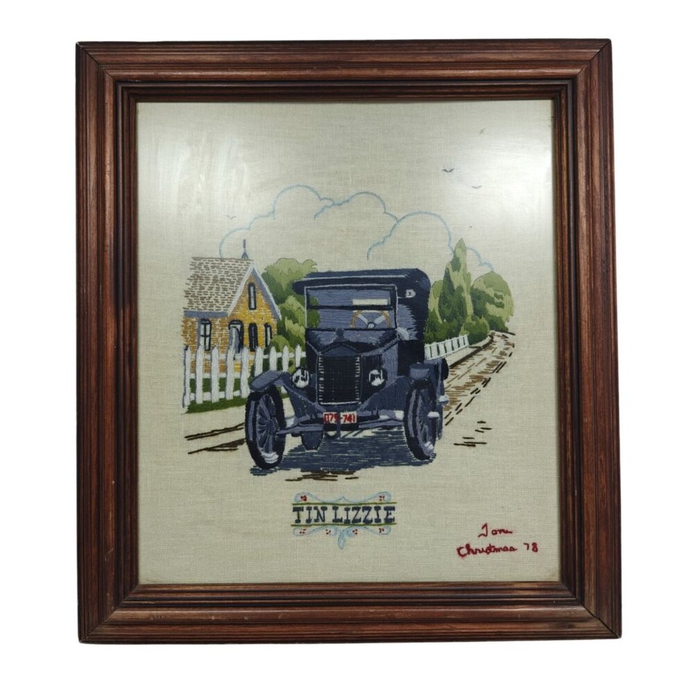 Vintage Crewel Automobile Embroidery Framed Artwork Ford T Tin Lizzie 1978